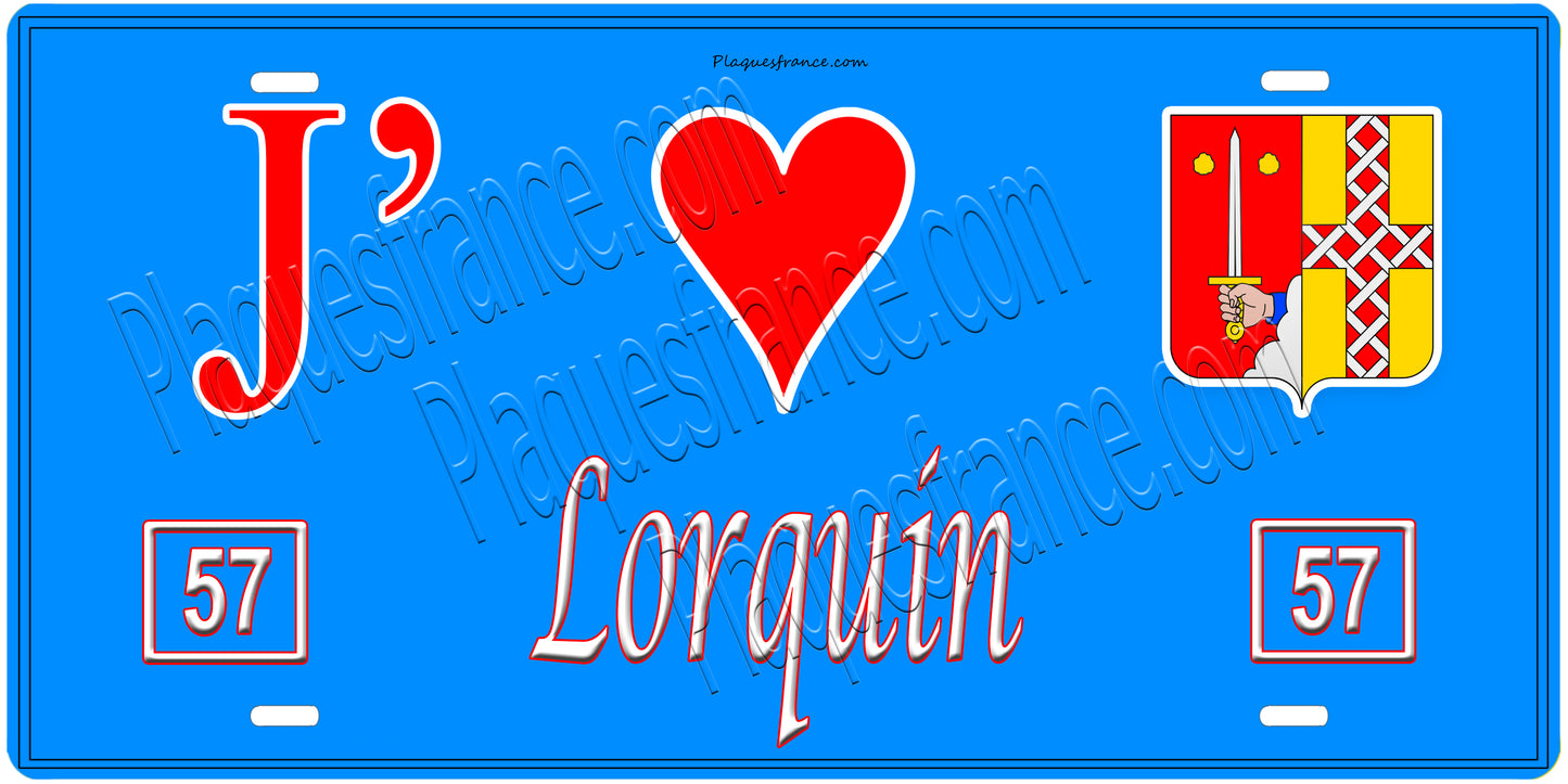 Plaque métal décorative, J'❤️Lorquin, Moselle, fond mur bleu 57