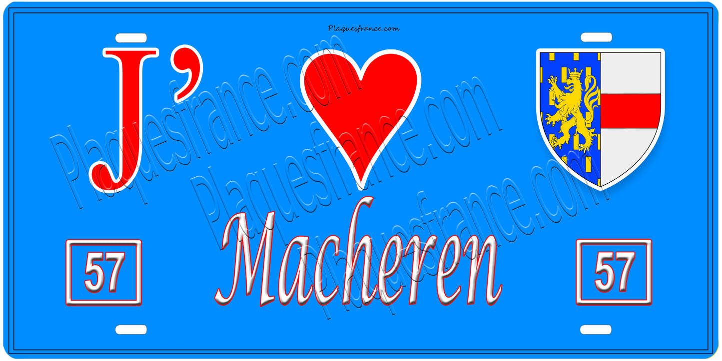Plaque métal décorative, J'❤️Macheren, Moselle, fond mur bleu 57