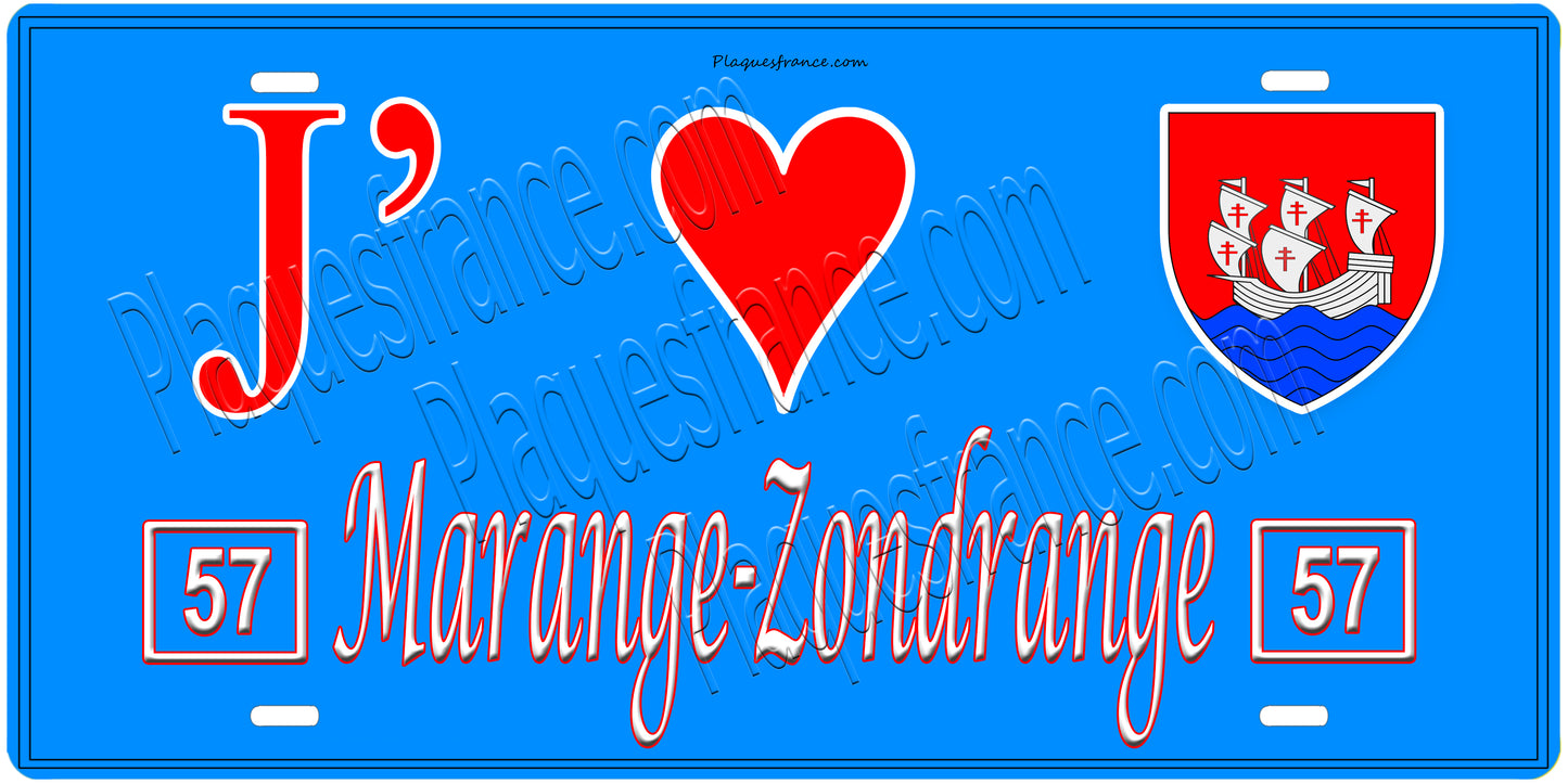 Plaque métal décorative, J'❤️Marange-Zondrange, Moselle, fond mur bleu 57
