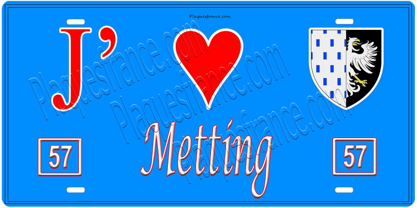 Plaque métal décorative, J'❤️Metting, Moselle, fond mur bleu 57