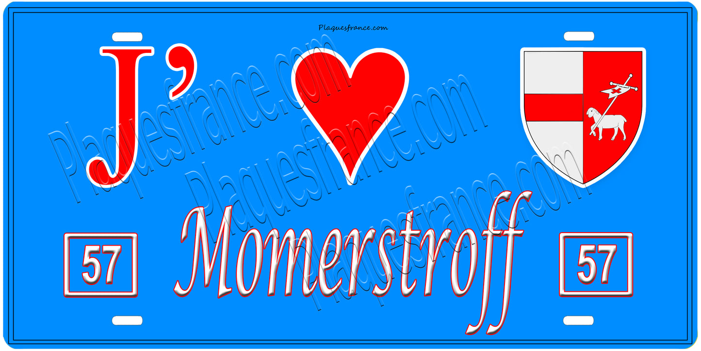 Plaque métal décorative, J'❤️ Momerstroff, Moselle, fond mur bleu 57