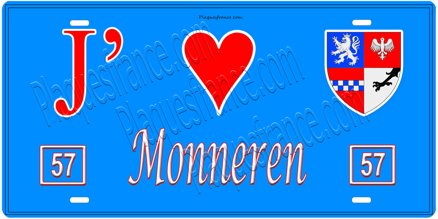 Plaque métal décorative, J'❤️Monneren, Moselle, fond mur bleu 57
