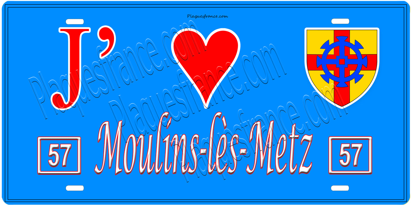 Plaque métal décorative, J'❤️ Moulins-lès-Metz, Moselle, fond mur bleu 57