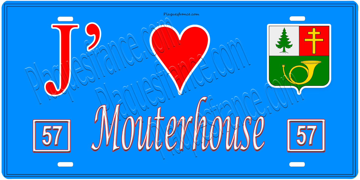 Plaque métal décorative, J'❤️ Mouterhouse, Moselle, fond mur bleu 57