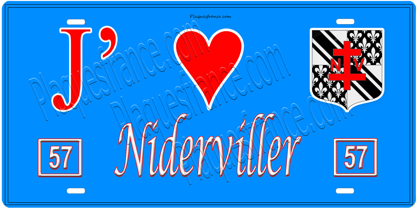 Plaque métal décorative, J'❤️Niderviller, Moselle, fond mur bleu 57