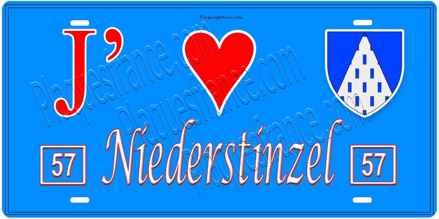 Plaque métal décorative, J'❤️Niederstinzel, Moselle, fond mur bleu 57