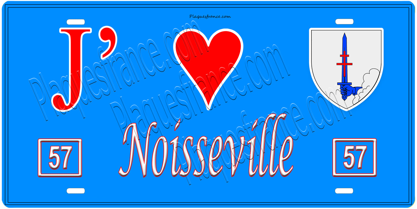Plaque métal décorative, J'❤️Noisseville, Moselle, fond mur bleu 57