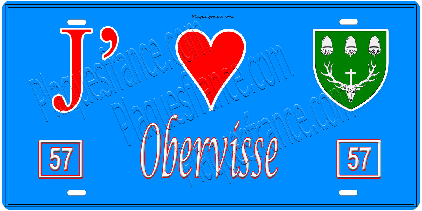 Plaque métal décorative, J'❤️ Obervisse, Moselle, fond mur bleu 57