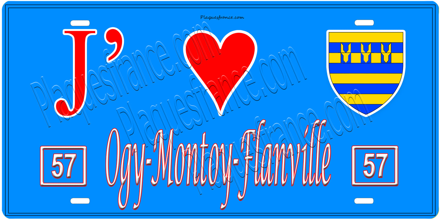 Plaque métal décorative, J'❤️Ogy-Montoy-Flanville, Moselle, fond mur bleu 57