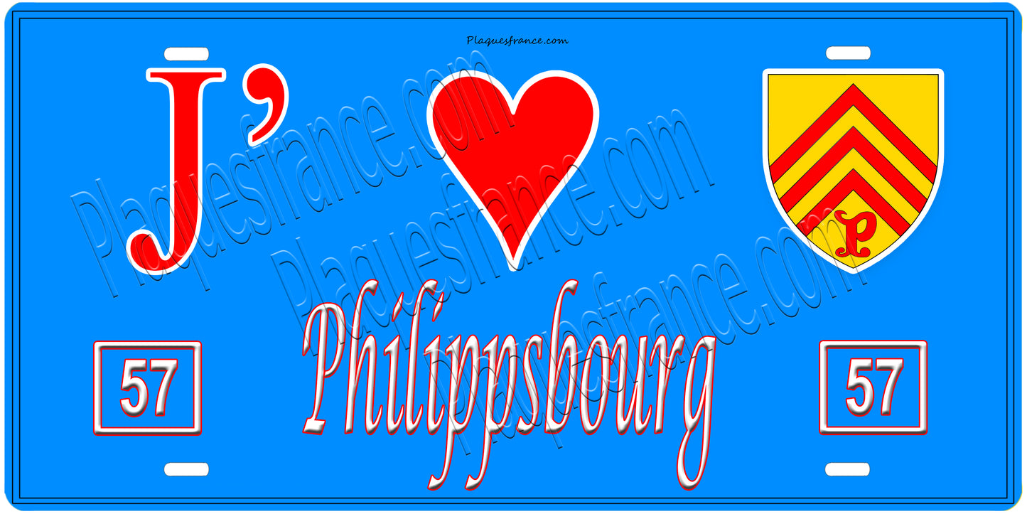 Plaque métal décorative, J'❤️ Philippsbourg, Moselle, fond mur bleu 57