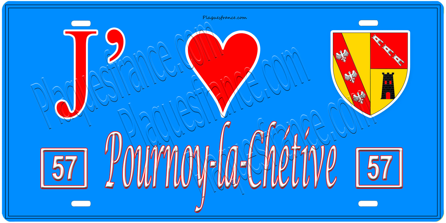 Plaque métal décorative, J'❤️ Pournoy-la-Chétive, Moselle, fond mur bleu 57