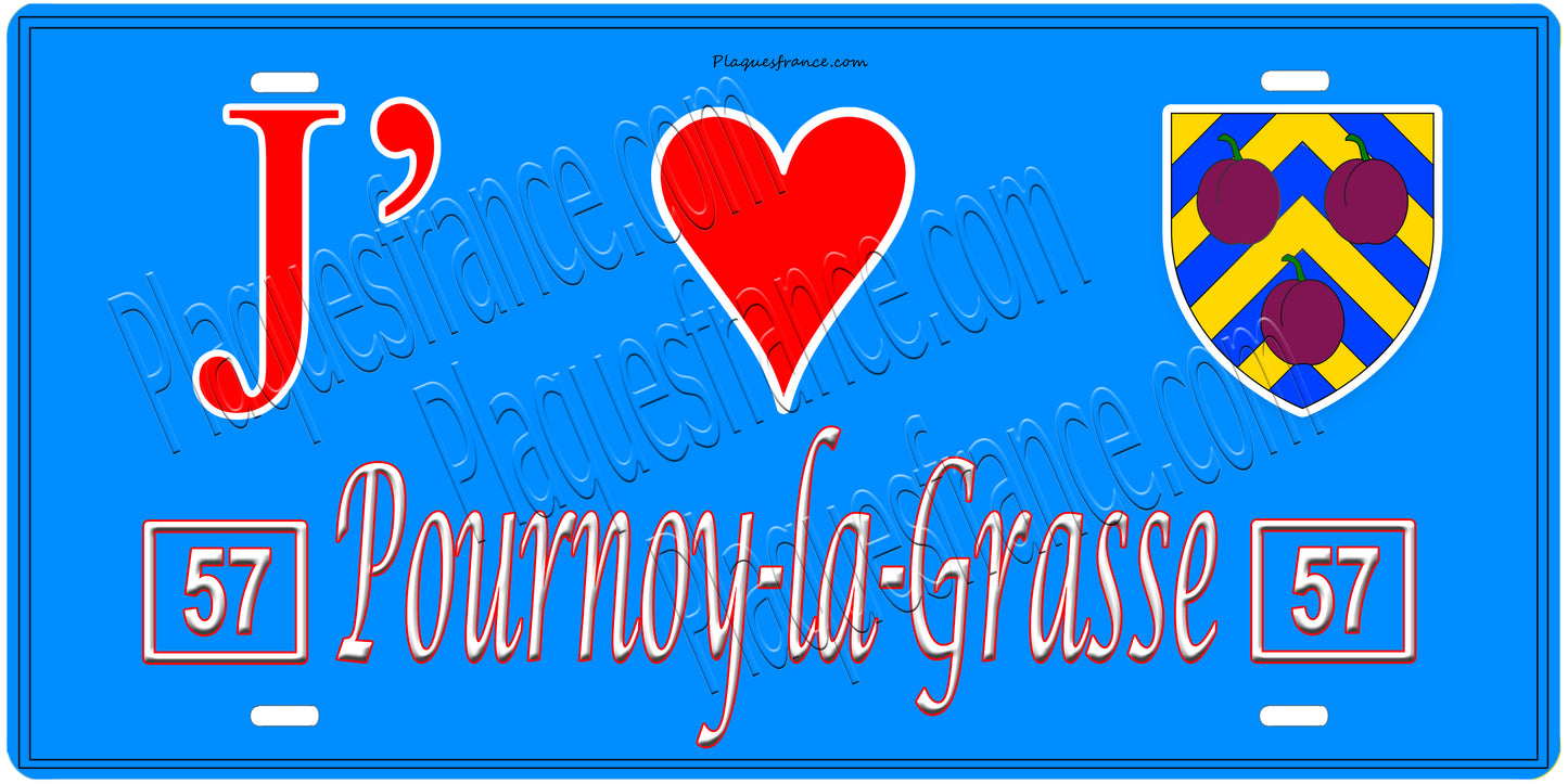 Plaque métal décorative, J'❤️ Pournoy-la-Grasse , Moselle, fond mur bleu 57