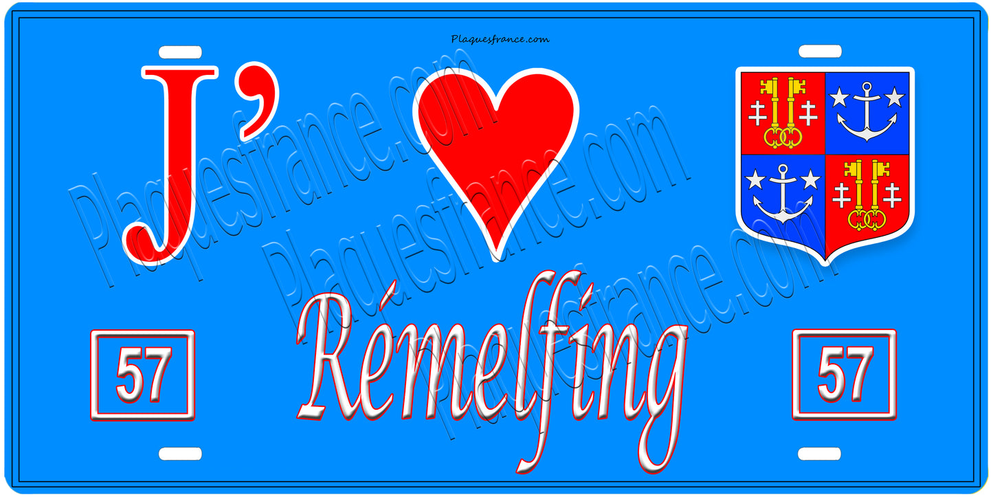 Plaque métal décorative, J'❤️Rémelfing, Moselle, fond mur bleu 57