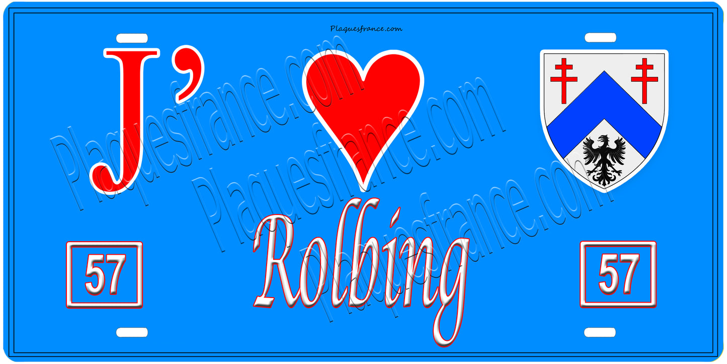 Plaque métal décorative, J'❤️ Rolbing, Moselle, fond mur bleu 57
