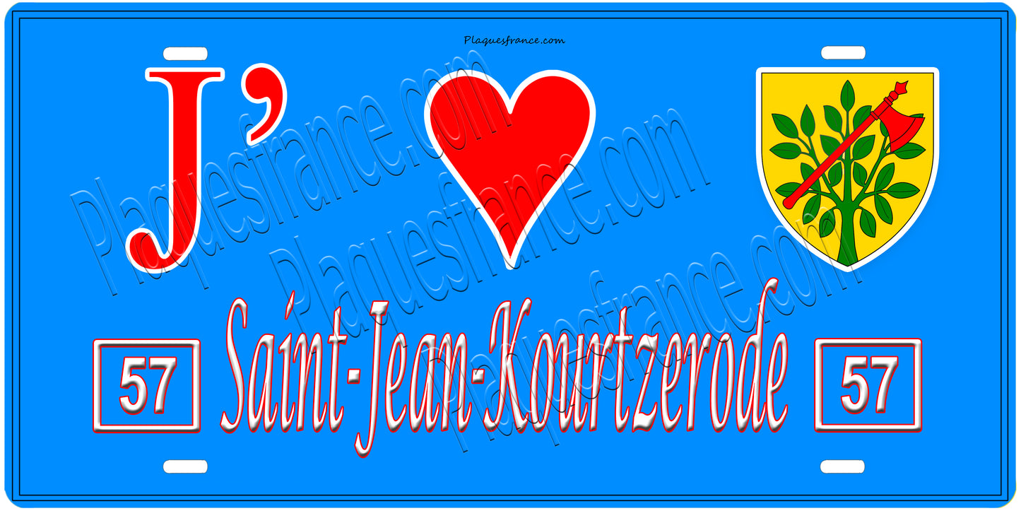 Plaque métal décorative, J'❤️Saint-Jean-Kourtzerode, Moselle, fond mur bleu 57