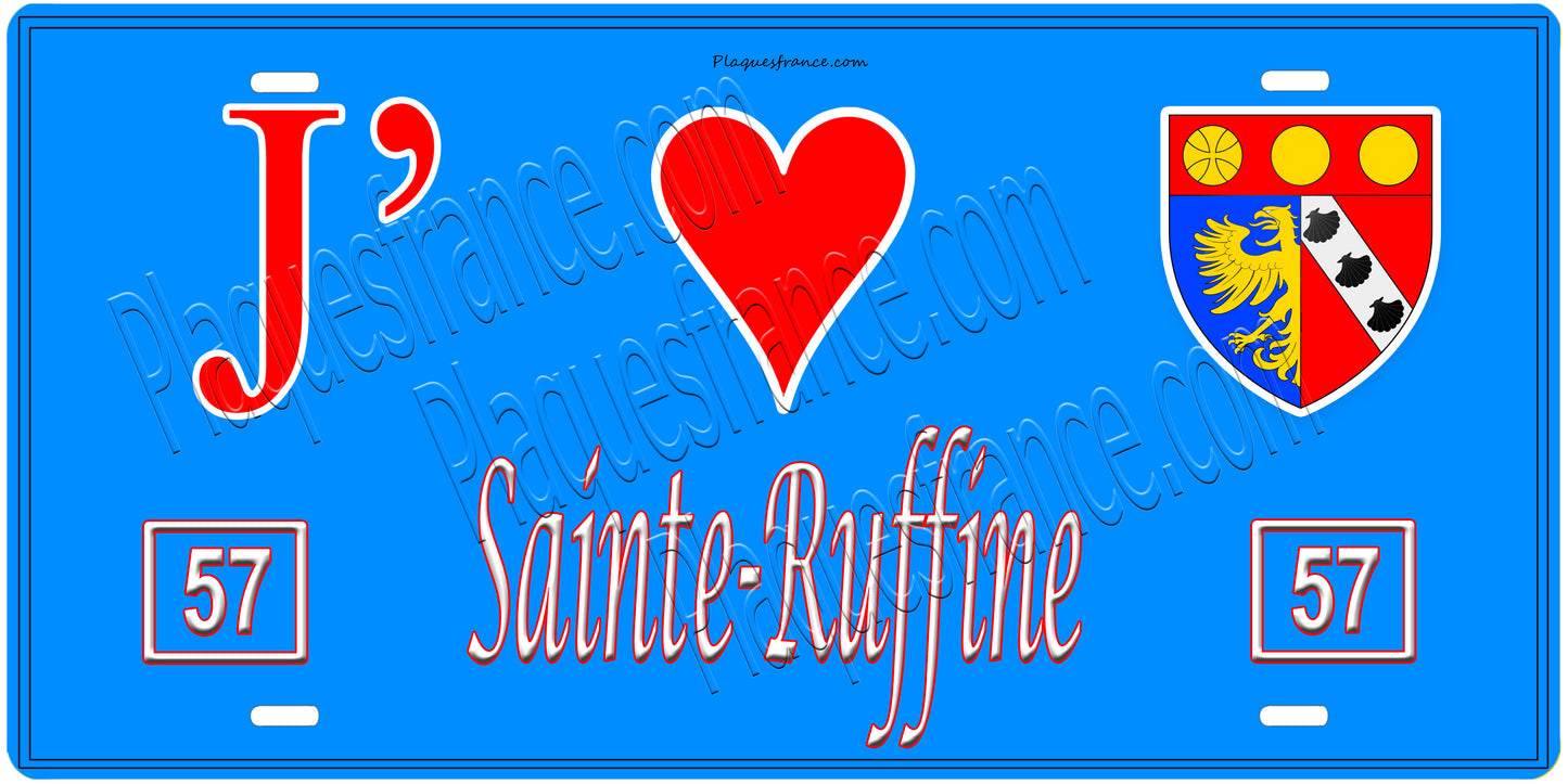 Plaque métal décorative, J'❤️ Sainte-Ruffine, Moselle, fond mur bleu 57