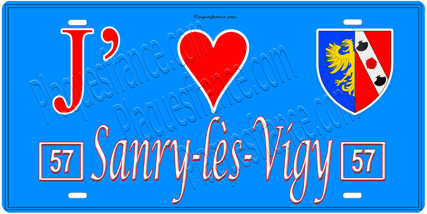 Plaque métal décorative, J'❤️Sanry-lès-Vigy, Moselle, fond mur bleu 57