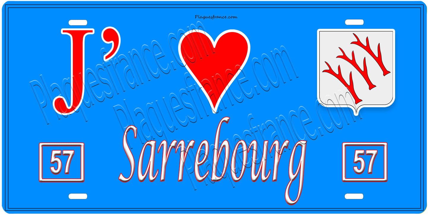 Plaque métal décorative, J'❤️Sarrebourg, Moselle, fond mur bleu 57