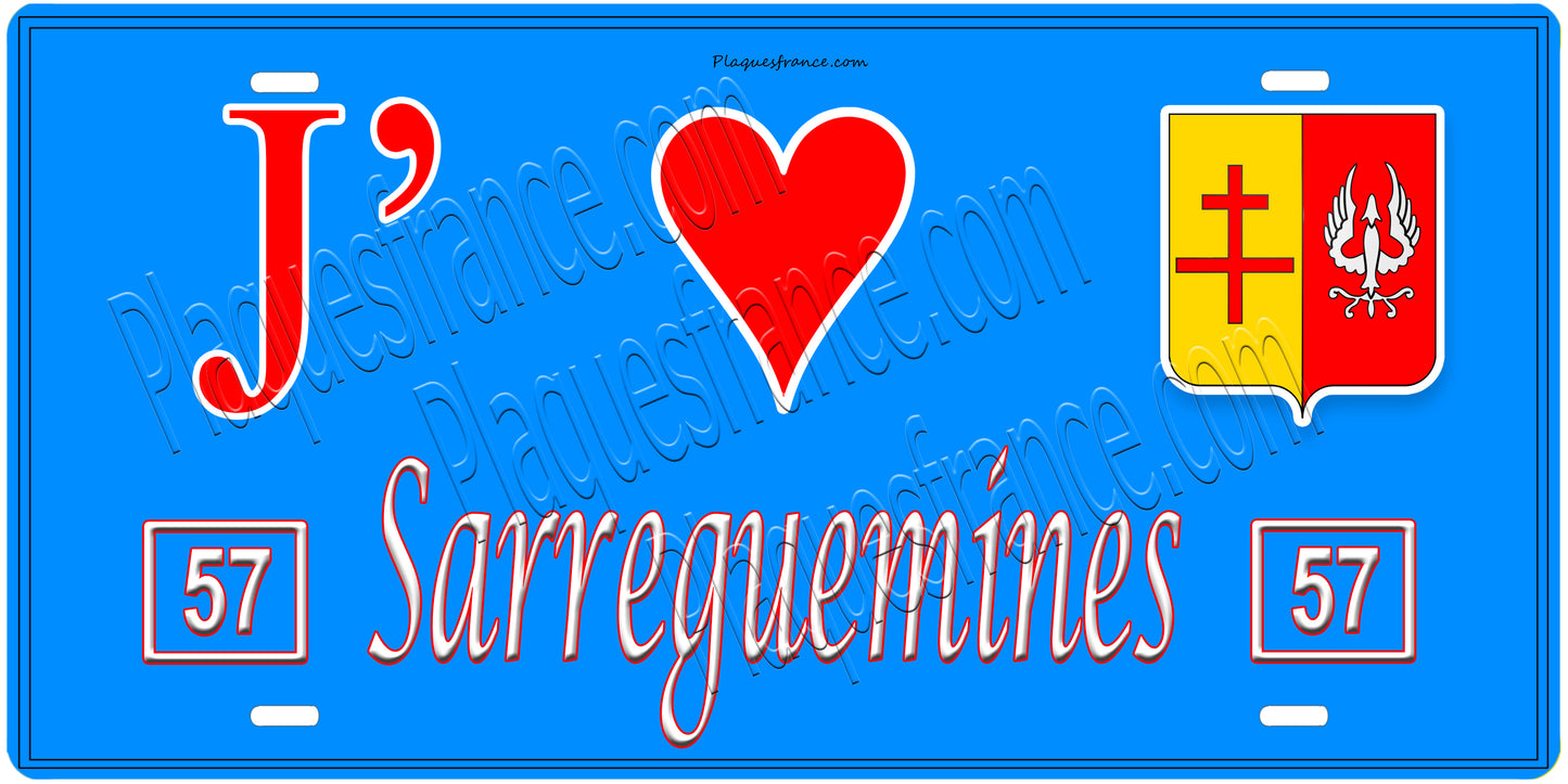Plaque métal décorative, J'❤️Sarreguemines, Moselle, fond mur bleu 57