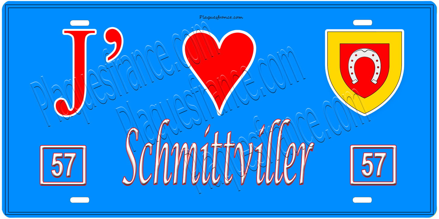 Plaque métal décorative, J'❤️ Schmittviller, Moselle, fond mur bleu 57