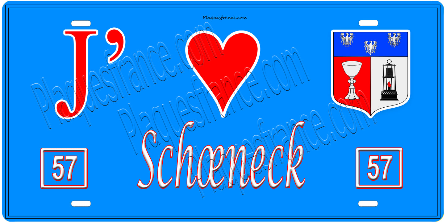 Plaque métal décorative, J'❤️ Schœneck, Moselle, fond mur bleu 57