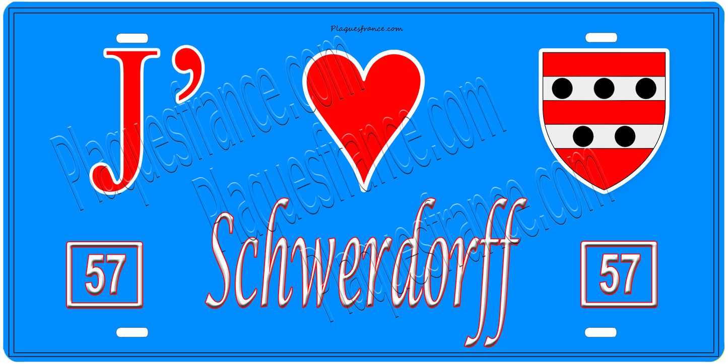 Plaque métal décorative, J'❤️ Schwerdorff, Moselle, fond mur bleu 57