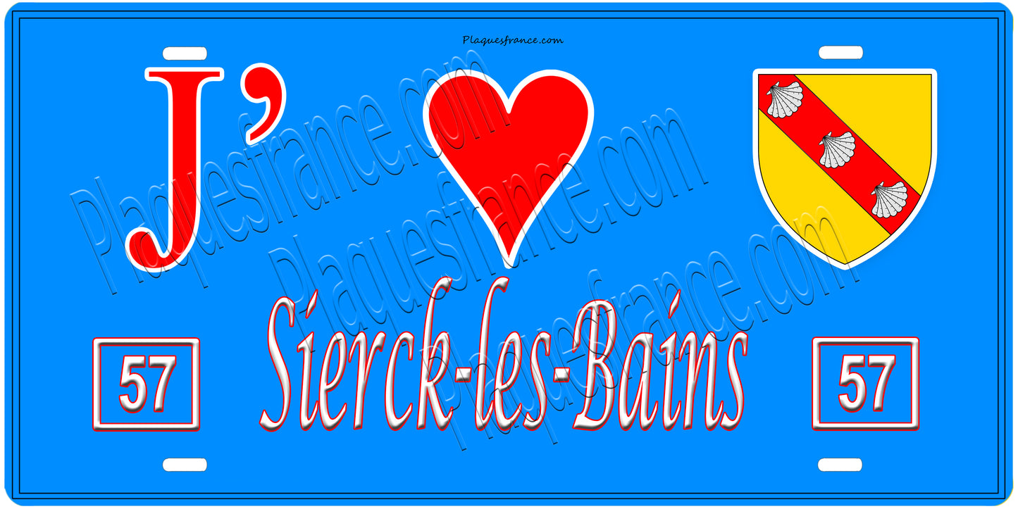 Plaque métal décorative, J'❤️ Sierck-les-Bains, Moselle, fond mur bleu 57