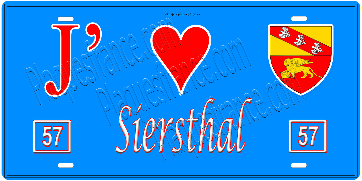 Plaque métal décorative, J'❤️ Siersthal, Moselle, fond mur bleu 57