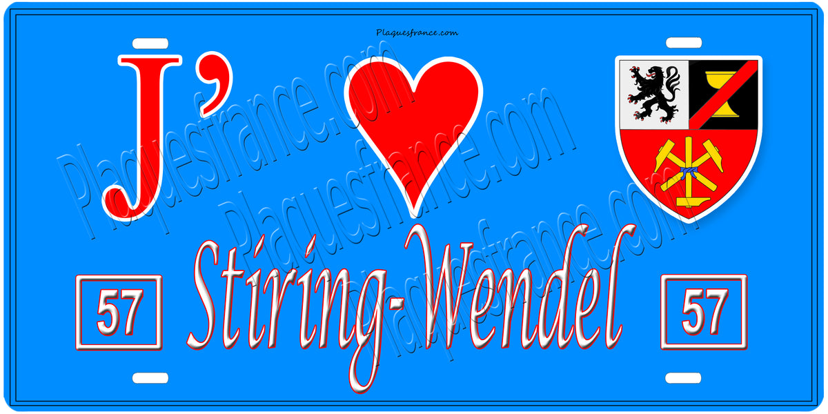 Plaque métal décorative 15 x 30 cm fond mur bleu carte J' ❤️ Stiring-Wendel, Moselle 57