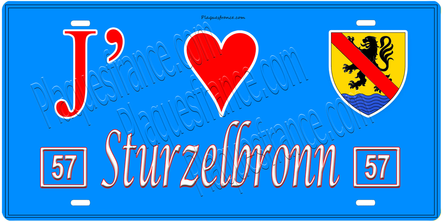Plaque métal décorative, J'❤️ Sturzelbronn, Moselle, fond mur bleu 57