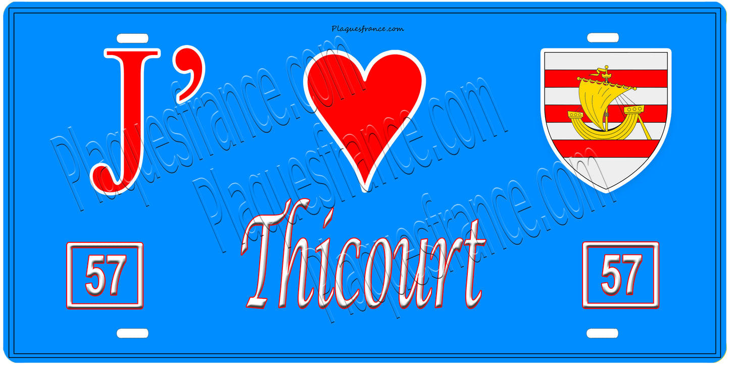 Plaque métal décorative, J'❤️ Thicourt, Moselle, fond mur bleu 57