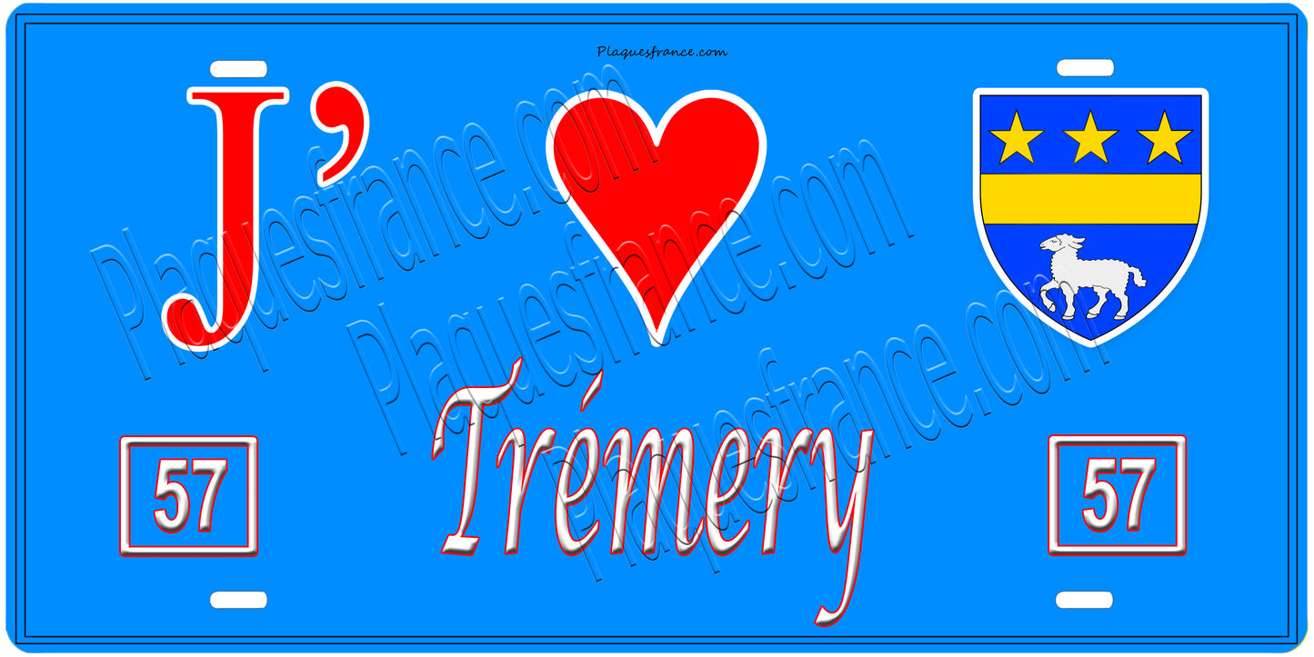 Plaque métal décorative, J'❤️Trémery, Moselle, fond mur bleu 57