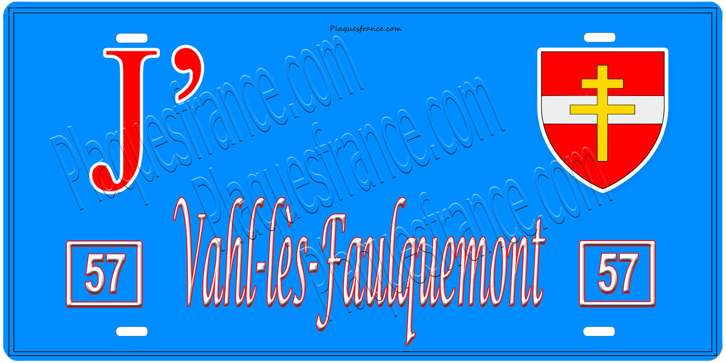 Plaque métal décorative, J'❤️ Vahl-lès-Faulquemont, Moselle, fond mur bleu 57