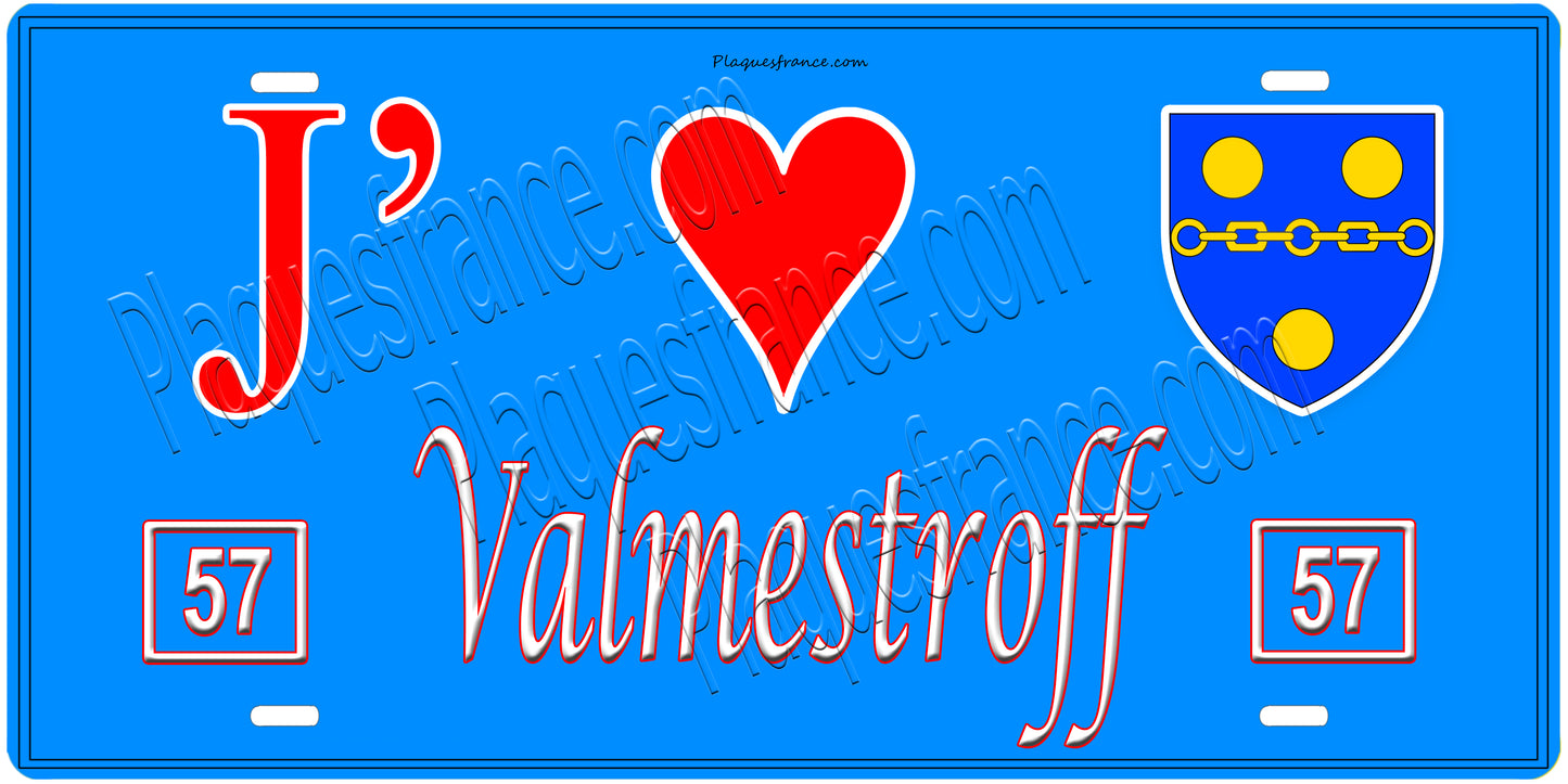 Plaque métal décorative, J'❤️Valmestroff, Moselle, fond mur bleu 57