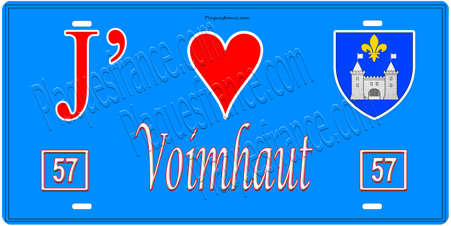 Plaque métal décorative, J'❤️ Voimhaut, Moselle, fond mur bleu 57