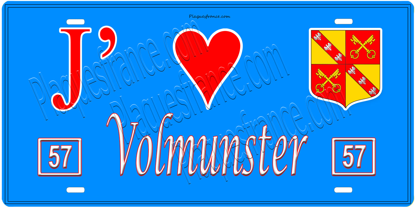 Plaque métal décorative, J'❤️ Volmunster, Moselle, fond mur bleu 57