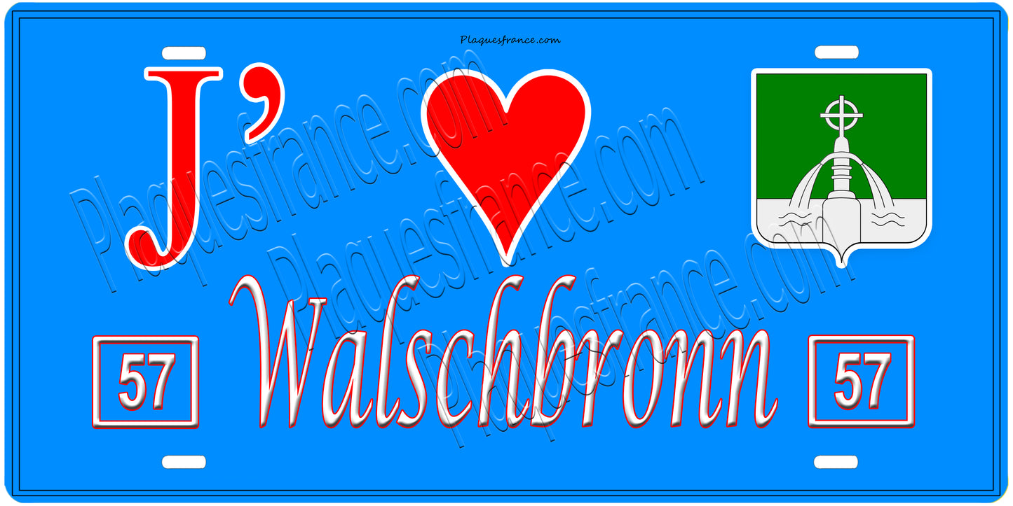Plaque métal décorative, J'❤️ Walschbronn, Moselle, fond mur bleu 57