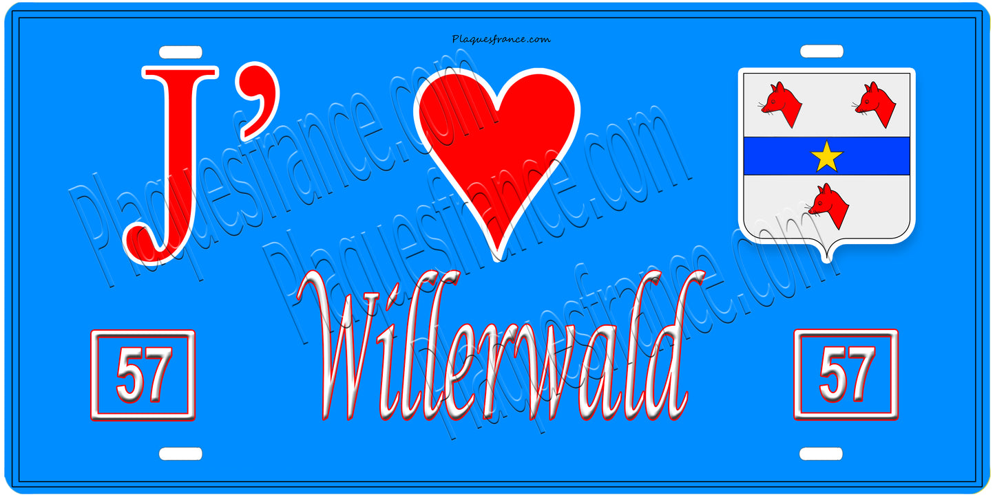 Plaque métal décorative,J'❤️Willerwald, Moselle, fond mur bleu 57,