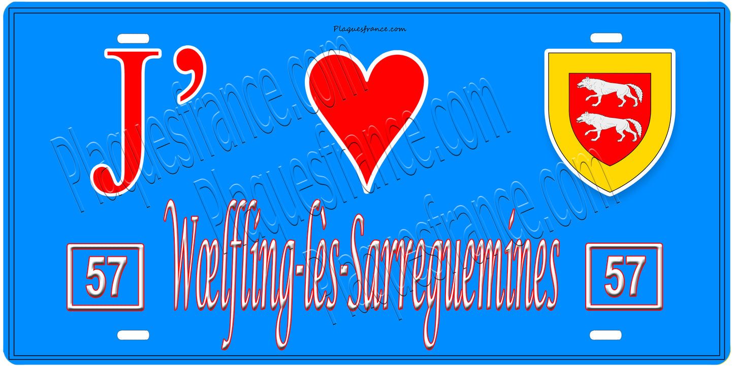 Plaque métal décorative,J'❤️Wœlfling-lès-Sarreguemines, Moselle, fond mur bleu 57, Wœlfling-lès-Sarreguemines