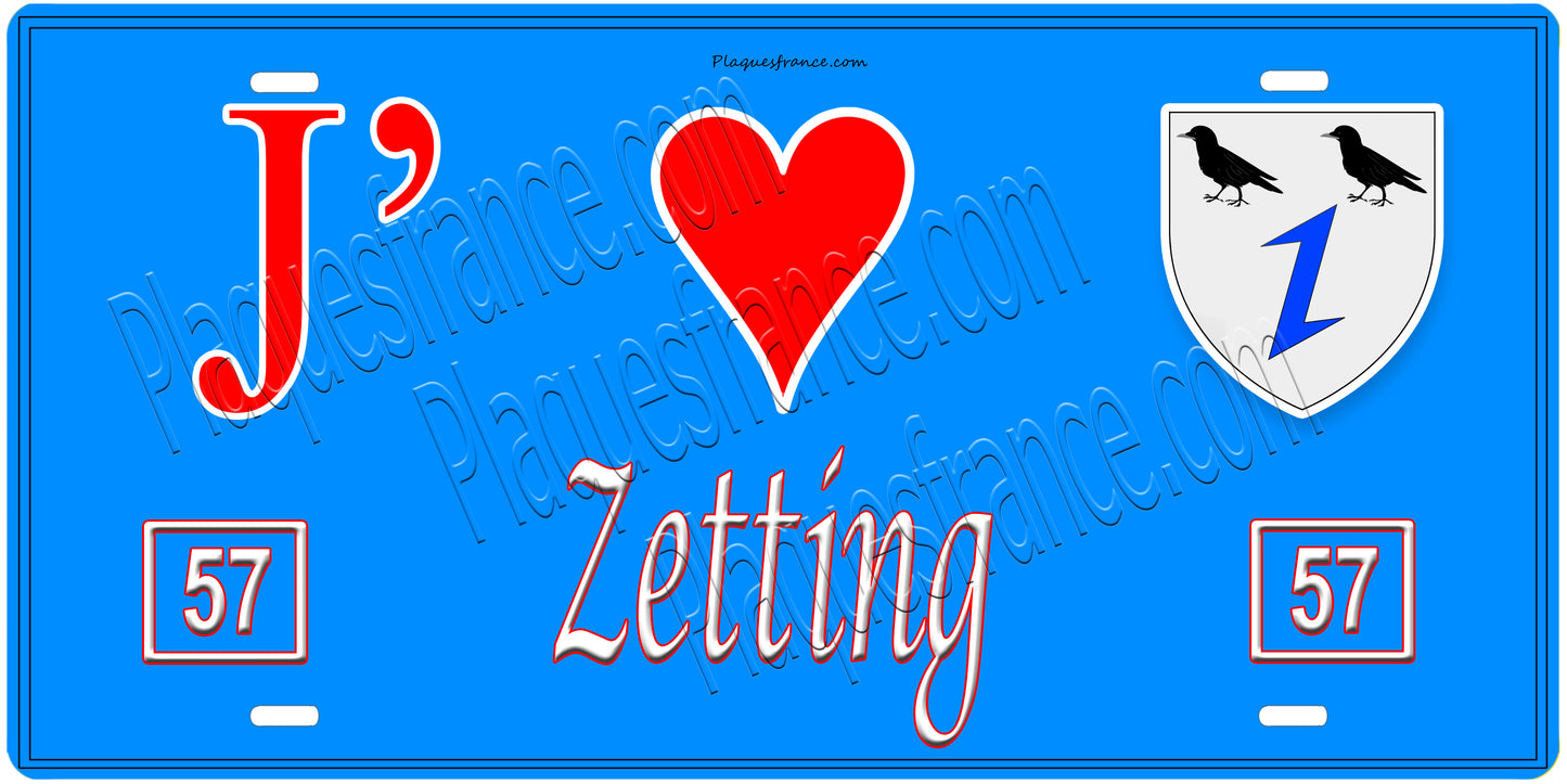 Plaque métal décorative,J'❤️Zetting, Moselle, fond mur bleu 57,
