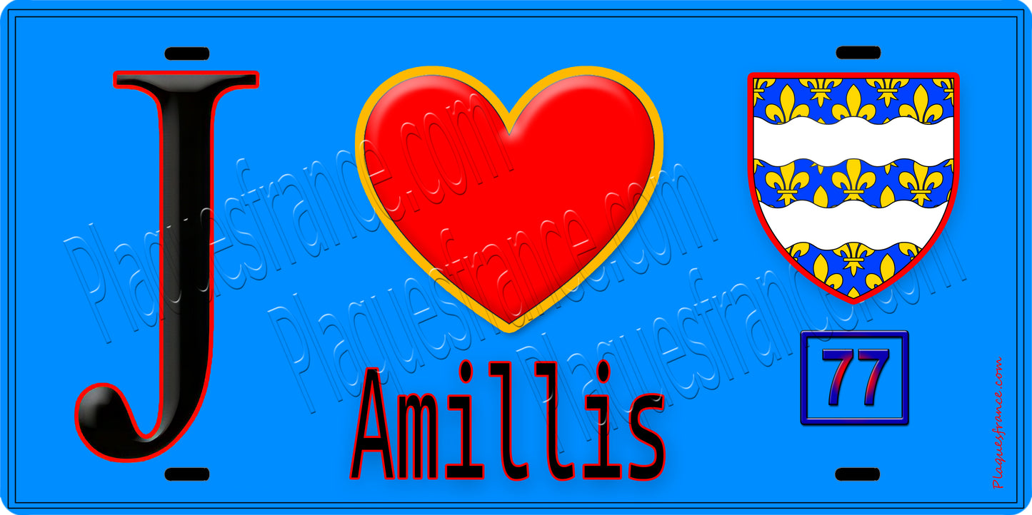 Plaque métal décorative J' ❤️Amillis, Seine et Mrne (77) fond bleu