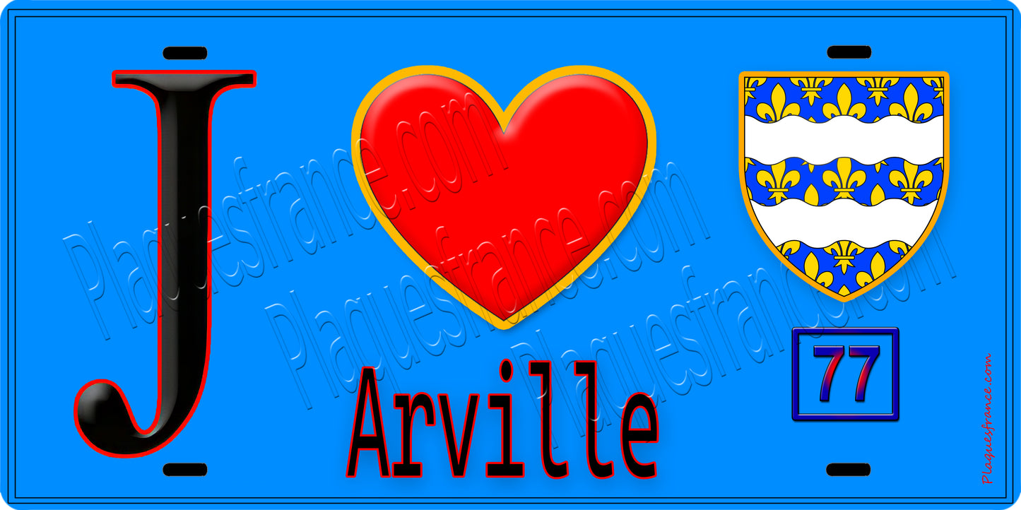 Plaque métal décorative J' ❤️Arville, Seine et Mrne (77) fond bleu