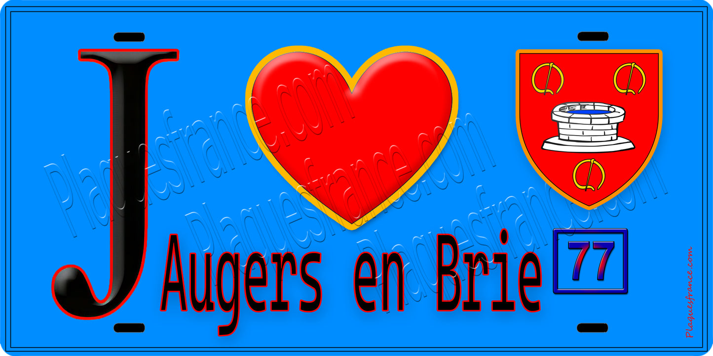 Plaque métal décorative J' ❤️Augers-en-Brie, Seine et Mrne (77) fond bleu