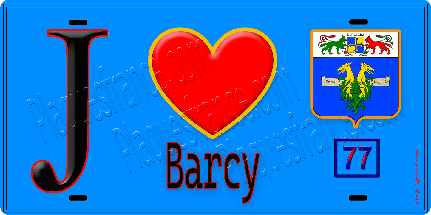 Plaque métal décorative J' ❤️Barcy, Seine et Mrne (77) fond bleu