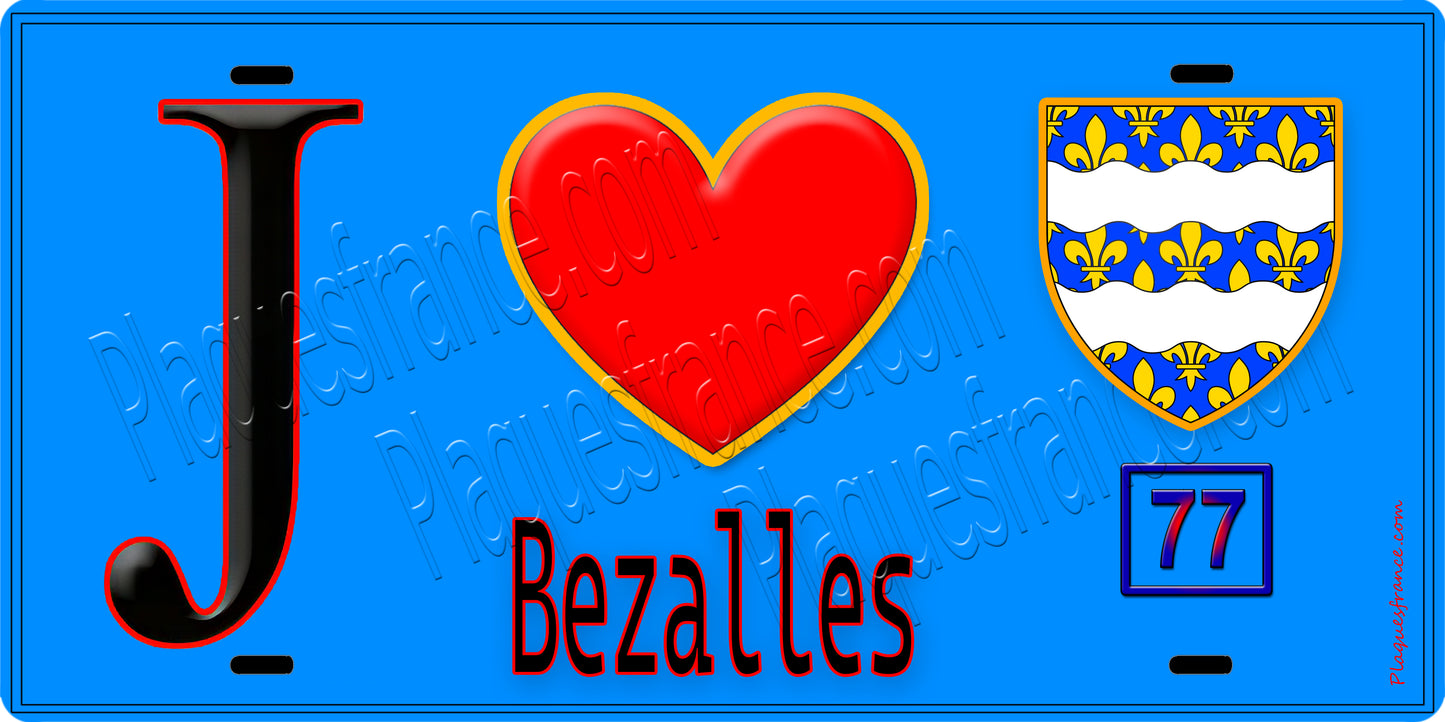 Plaque métal décorative J' ❤️Bezalles, Seine et Mrne (77) fond bleu