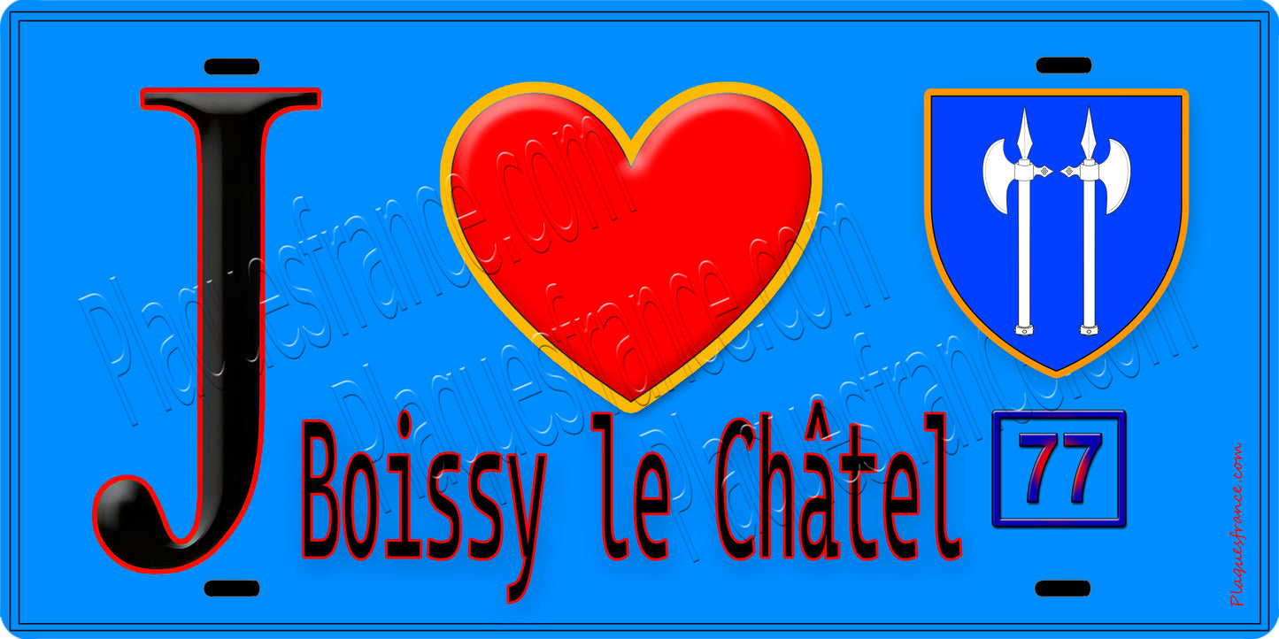 Plaque métal décorative J' ❤️Boissy-le-Châtel, Seine et Marne (77) fond bleu