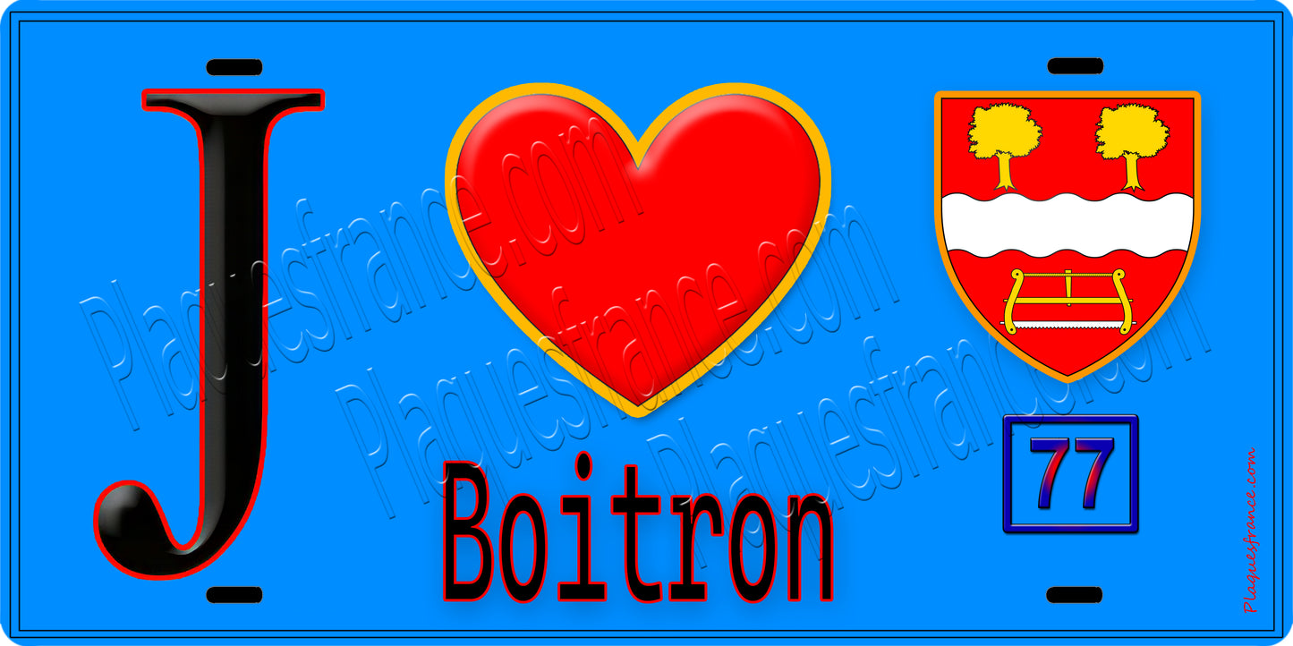Plaque métal décorative J' ❤️Boitron, Seine et Marne (77) fond bleu