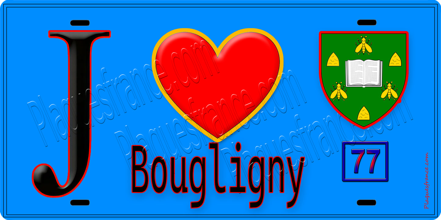 Plaque métal décorative J' ❤️Bougligny, Seine et Marne (77) fond bleu