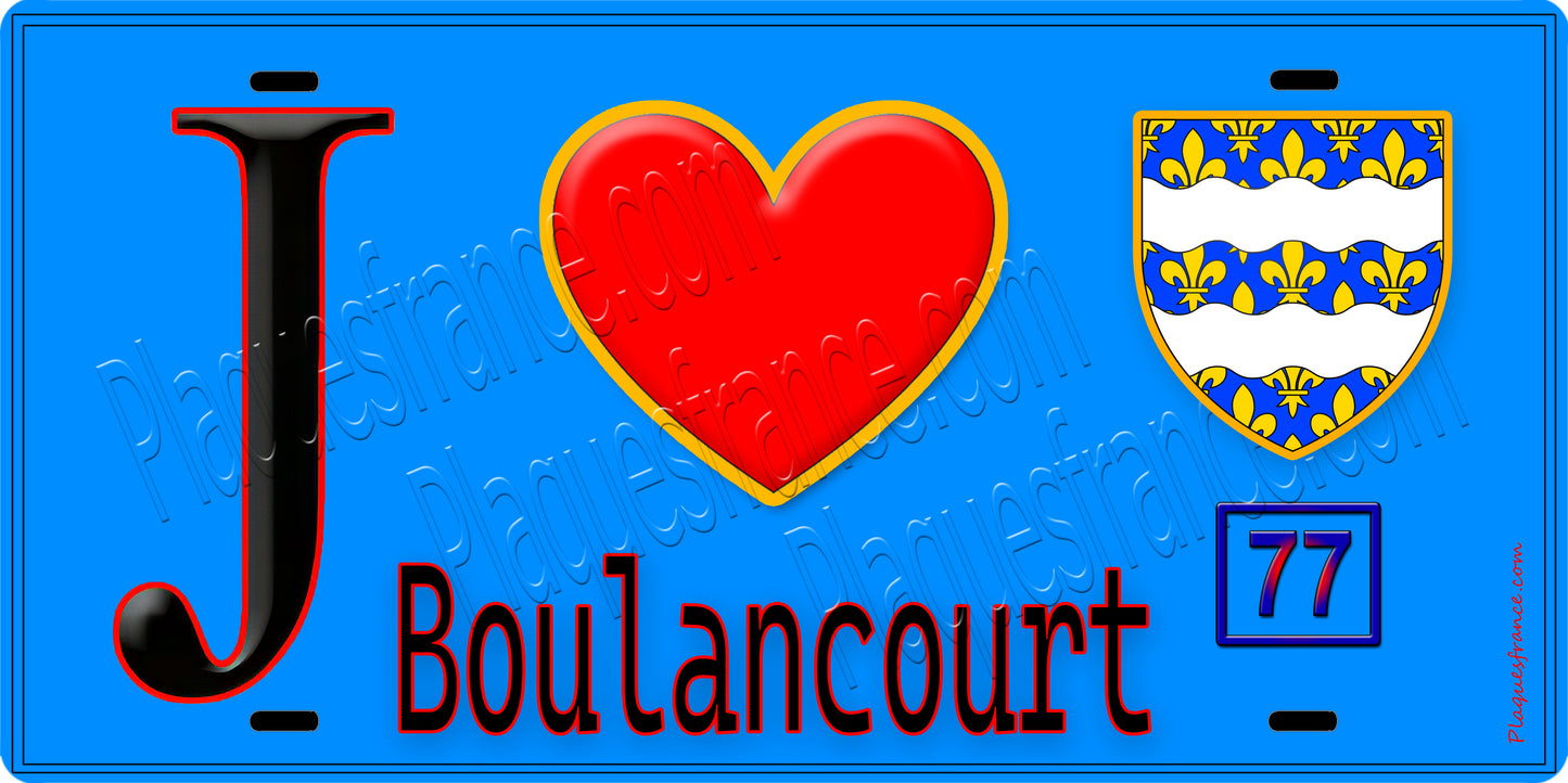 Plaque métal décorative J' ❤️Boulancourt, Seine et Marne (77) fond bleu