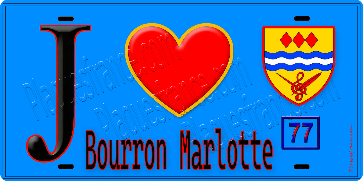 Plaque métal décorative J' ❤️Bourron-Marlotte, Seine et Marne (77) fond bleu